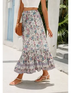 Outlet Women's Skirt Bohemia Casual Boho Maxi Mid Rise Skirts Floral Print Micro-elastic Vacation Street Almond Red Blue Orange Summer Rayon Women Skirts