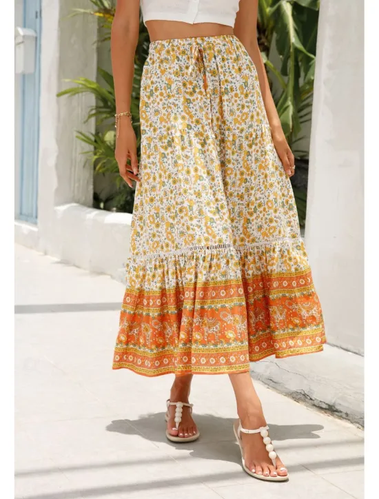 Outlet Women's Skirt Bohemia Casual Boho Maxi Mid Rise Skirts Floral Print Micro-elastic Vacation Street Almond Red Blue Orange Summer Rayon Women Skirts