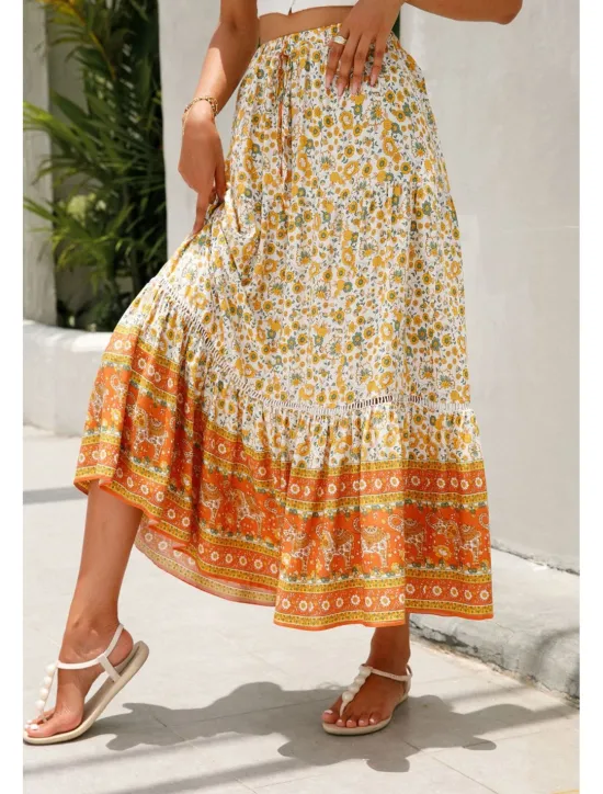 Outlet Women's Skirt Bohemia Casual Boho Maxi Mid Rise Skirts Floral Print Micro-elastic Vacation Street Almond Red Blue Orange Summer Rayon Women Skirts