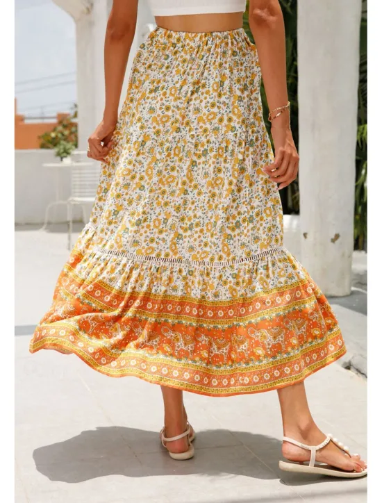 Outlet Women's Skirt Bohemia Casual Boho Maxi Mid Rise Skirts Floral Print Micro-elastic Vacation Street Almond Red Blue Orange Summer Rayon Women Skirts