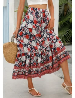 Outlet Women's Skirt Bohemia Casual Boho Maxi Mid Rise Skirts Floral Print Micro-elastic Vacation Street Almond Red Blue Orange Summer Rayon Women Skirts
