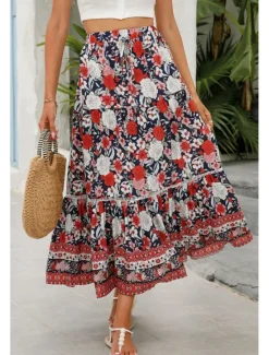 Outlet Women's Skirt Bohemia Casual Boho Maxi Mid Rise Skirts Floral Print Micro-elastic Vacation Street Almond Red Blue Orange Summer Rayon Women Skirts