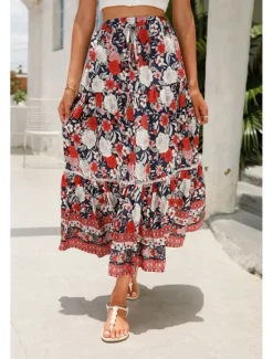 Outlet Women's Skirt Bohemia Casual Boho Maxi Mid Rise Skirts Floral Print Micro-elastic Vacation Street Almond Red Blue Orange Summer Rayon Women Skirts