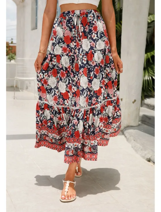 Outlet Women's Skirt Bohemia Casual Boho Maxi Mid Rise Skirts Floral Print Micro-elastic Vacation Street Almond Red Blue Orange Summer Rayon Women Skirts