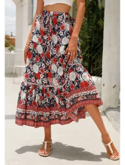 Outlet Women's Skirt Bohemia Casual Boho Maxi Mid Rise Skirts Floral Print Micro-elastic Vacation Street Almond Red Blue Orange Summer Rayon Women Skirts