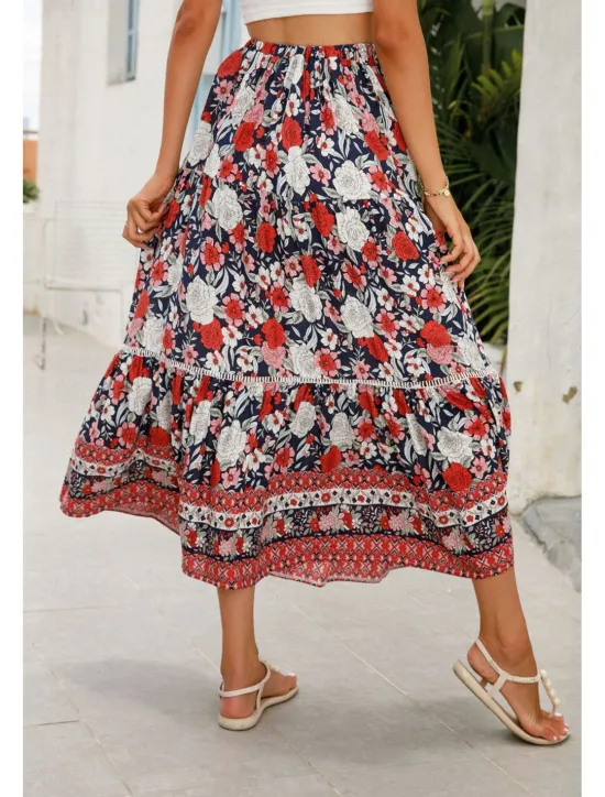 Outlet Women's Skirt Bohemia Casual Boho Maxi Mid Rise Skirts Floral Print Micro-elastic Vacation Street Almond Red Blue Orange Summer Rayon Women Skirts