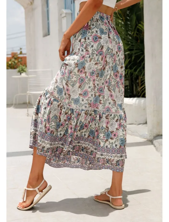 Outlet Women's Skirt Bohemia Casual Boho Maxi Mid Rise Skirts Floral Print Micro-elastic Vacation Street Almond Red Blue Orange Summer Rayon Women Skirts
