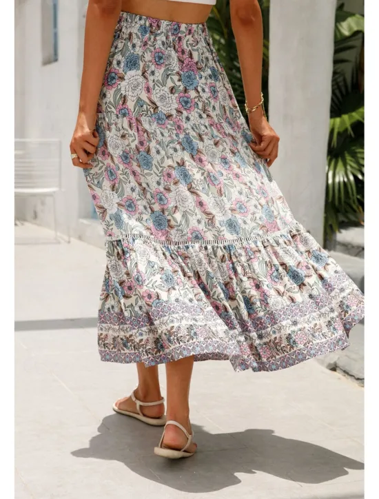 Outlet Women's Skirt Bohemia Casual Boho Maxi Mid Rise Skirts Floral Print Micro-elastic Vacation Street Almond Red Blue Orange Summer Rayon Women Skirts
