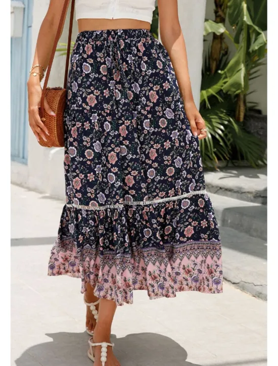 Outlet Women's Skirt Bohemia Casual Boho Maxi Mid Rise Skirts Floral Print Micro-elastic Vacation Street Almond Red Blue Orange Summer Rayon Women Skirts