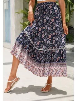 Outlet Women's Skirt Bohemia Casual Boho Maxi Mid Rise Skirts Floral Print Micro-elastic Vacation Street Almond Red Blue Orange Summer Rayon Women Skirts