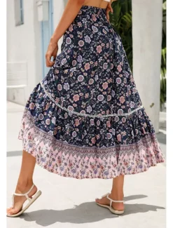 Outlet Women's Skirt Bohemia Casual Boho Maxi Mid Rise Skirts Floral Print Micro-elastic Vacation Street Almond Red Blue Orange Summer Rayon Women Skirts