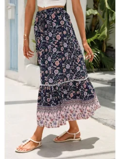 Outlet Women's Skirt Bohemia Casual Boho Maxi Mid Rise Skirts Floral Print Micro-elastic Vacation Street Almond Red Blue Orange Summer Rayon Women Skirts