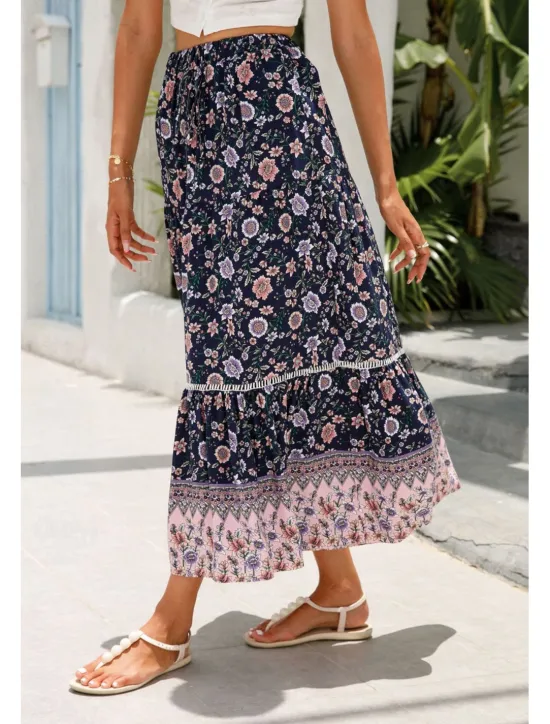 Outlet Women's Skirt Bohemia Casual Boho Maxi Mid Rise Skirts Floral Print Micro-elastic Vacation Street Almond Red Blue Orange Summer Rayon Women Skirts