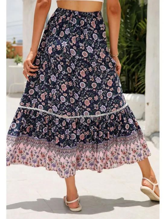 Outlet Women's Skirt Bohemia Casual Boho Maxi Mid Rise Skirts Floral Print Micro-elastic Vacation Street Almond Red Blue Orange Summer Rayon Women Skirts