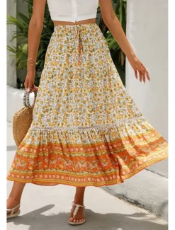 Outlet Women's Skirt Bohemia Casual Boho Maxi Mid Rise Skirts Floral Print Micro-elastic Vacation Street Almond Red Blue Orange Summer Rayon Women Skirts