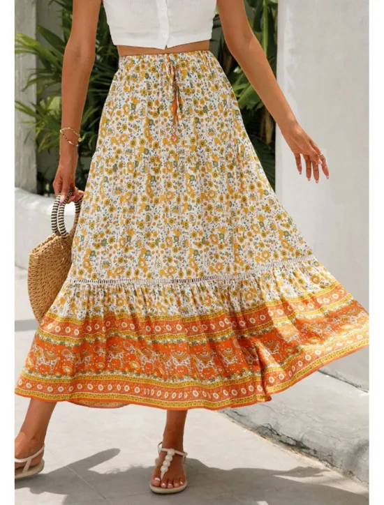 Outlet Women's Skirt Bohemia Casual Boho Maxi Mid Rise Skirts Floral Print Micro-elastic Vacation Street Almond Red Blue Orange Summer Rayon Women Skirts