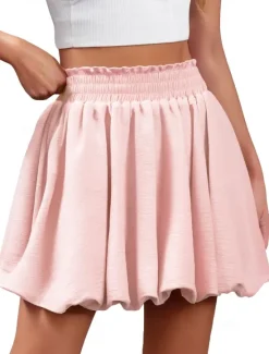 Outlet Women's Skirt Cute Summer Above Knee Mid Rise Skirts Solid Colored Ruched Stretchy Daily Black White Pink Khaki Summer Polyester Women Skirts