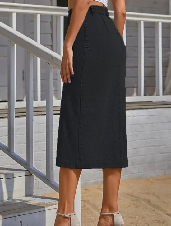 Discount Women's Skirt Denim Midi Skirt Fashion Casual Midi High Waist Skirts Solid Colored Split Ends Casual Daily Weekend Black Navy Blue Dark Blue Summer Denim Women Skirts