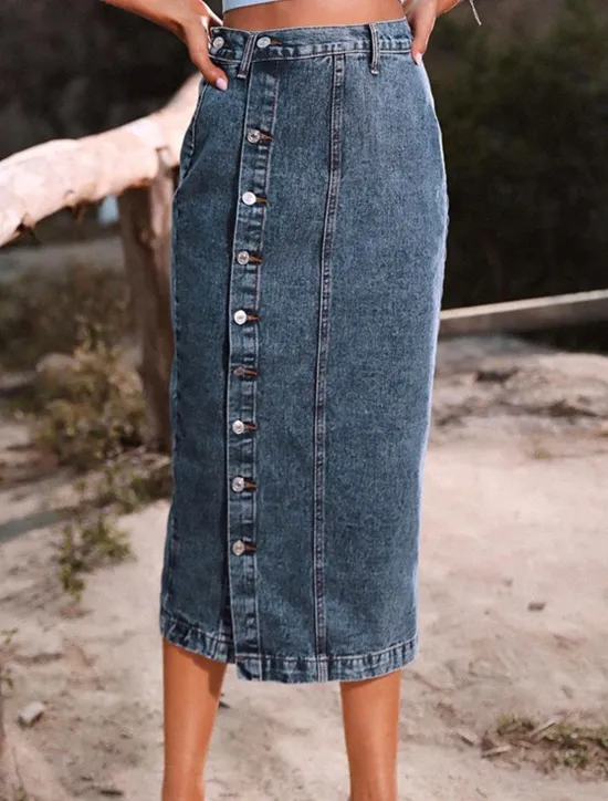 Discount Women's Skirt Denim Midi Skirt Fashion Casual Midi High Waist Skirts Solid Colored Split Ends Casual Daily Weekend Black Navy Blue Dark Blue Summer Denim Women Skirts