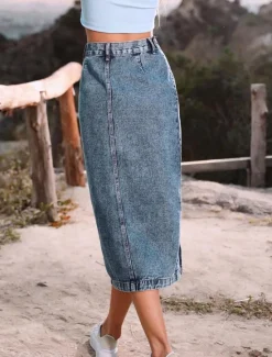 Discount Women's Skirt Denim Midi Skirt Fashion Casual Midi High Waist Skirts Solid Colored Split Ends Casual Daily Weekend Black Navy Blue Dark Blue Summer Denim Women Skirts