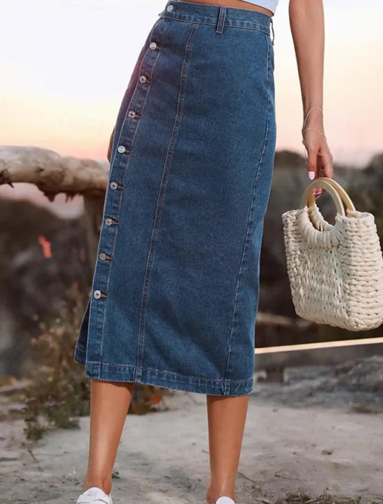 Discount Women's Skirt Denim Midi Skirt Fashion Casual Midi High Waist Skirts Solid Colored Split Ends Casual Daily Weekend Black Navy Blue Dark Blue Summer Denim Women Skirts