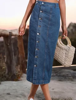 Discount Women's Skirt Denim Midi Skirt Fashion Casual Midi High Waist Skirts Solid Colored Split Ends Casual Daily Weekend Black Navy Blue Dark Blue Summer Denim Women Skirts