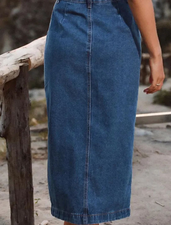 Discount Women's Skirt Denim Midi Skirt Fashion Casual Midi High Waist Skirts Solid Colored Split Ends Casual Daily Weekend Black Navy Blue Dark Blue Summer Denim Women Skirts