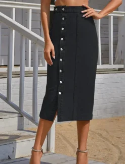 Discount Women's Skirt Denim Midi Skirt Fashion Casual Midi High Waist Skirts Solid Colored Split Ends Casual Daily Weekend Black Navy Blue Dark Blue Summer Denim Women Skirts