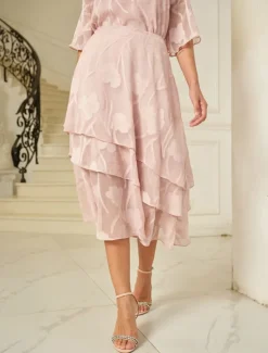 Hot Women's Skirt Elegant Midi Mid Waist Skirts Floral Layered Inelastic Party Causal Summer Chiffon Women Skirts