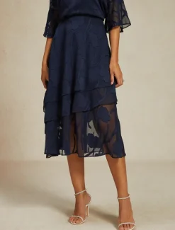 Discount Women's Skirt Elegant Midi Mid Waist Skirts Floral Layered Inelastic Party Causal Summer Chiffon Women Skirts
