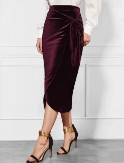 Clearance Women's Skirt Elegant Vintage Fashion Sexy Midi Mid Waist Skirts Plain Ruched Split Ends Micro-elastic School Christmas Spring Polyester Velvet Women Skirts