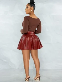 Best Women's Skirt Fashion Carnival Costumes Ladies Mini Skirts Solid Colored Pleated Carnival Homecoming Black Red Brown Spring & Fall PU Leather Women Skirts
