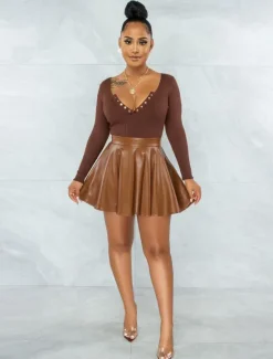 Best Women's Skirt Fashion Carnival Costumes Ladies Mini Skirts Solid Colored Pleated Carnival Homecoming Black Red Brown Spring & Fall PU Leather Women Skirts