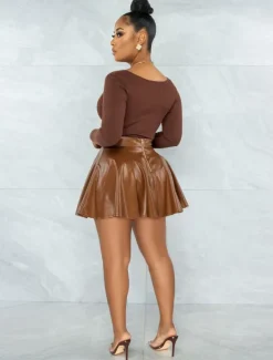 Best Women's Skirt Fashion Carnival Costumes Ladies Mini Skirts Solid Colored Pleated Carnival Homecoming Black Red Brown Spring & Fall PU Leather Women Skirts