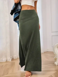 Outlet Women's Skirt Fashion Casual Maxi High Waist Skirts Solid Colored Stretchy Street Daily Green Rose Red Grey Spring Polyester Women Skirts
