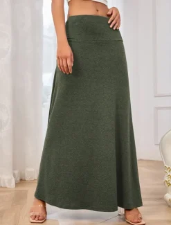 Outlet Women's Skirt Fashion Casual Maxi High Waist Skirts Solid Colored Stretchy Street Daily Green Rose Red Grey Spring Polyester Women Skirts