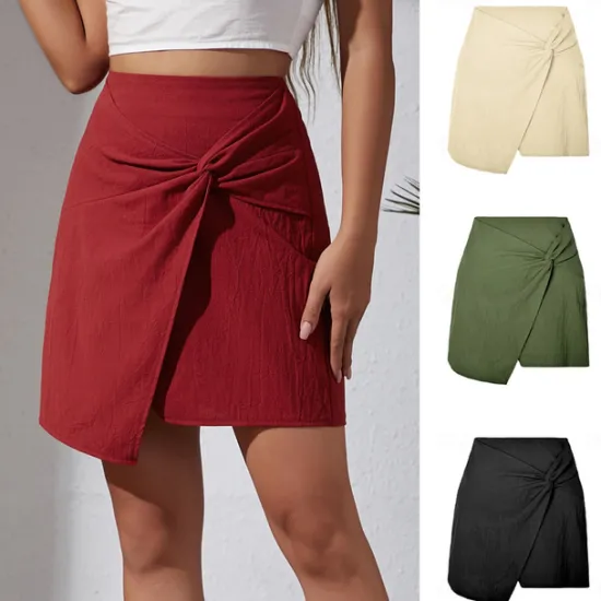 Hot Women's Skirt Linen Skirts Basic Casual Mini High Waist Skirts Solid Colored Split Ends Casual Daily Weekend Wine Black Army Green Apricot Summer Cotton And Linen Women Skirts|Dresses
