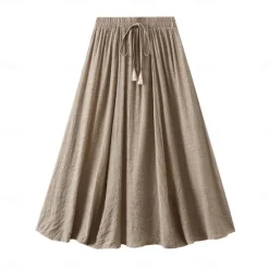 Best Women's Skirt Linen Skirts Fashion Casual Midi High Waist Skirts Solid Colored Drawstring Casual Daily Weekend Black Pink Blue Khaki Summer Cotton And Linen Women Skirts|Dresses