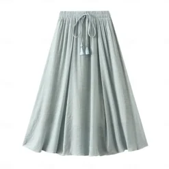 Best Women's Skirt Linen Skirts Fashion Casual Midi High Waist Skirts Solid Colored Drawstring Casual Daily Weekend Black Pink Blue Khaki Summer Cotton And Linen Women Skirts|Dresses