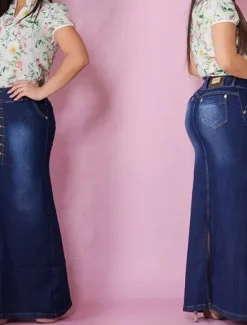 Hot Women's Skirt Long Skirt Denim Midi Skirt Fashion Casual Maxi High Waist Skirts Plain Long Going out Casual Daily Dark Blue Light Blue Summer Polyester Women Skirts