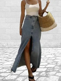 Clearance Women's Skirt Long Skirt Denim Midi Skirt Fashion Casual Maxi High Waist Skirts Plain Long Split Ends Going out Casual Daily Summer Polyester Women Skirts