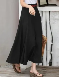 Hot Women's Skirt Long Skirt Fashion Maxi Skirts Solid Colored Casual Daily Black khaki Army Green All Seasons Linen Cotton And Linen Women Skirts