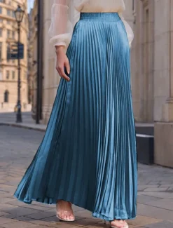 Women's Skirt Long Skirt Fashion Long Maxi High Waist Skirts Solid Colored Ruched Pleated Shimmery Micro-elastic Daily Holiday Silver Peacock Blue Navy Black Spring, Fall, Winter, Summer Polyester Women Skirts