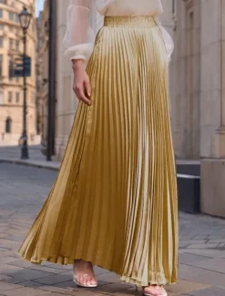 Women's Skirt Long Skirt Fashion Long Maxi High Waist Skirts Solid Colored Ruched Pleated Shimmery Micro-elastic Daily Holiday Silver Peacock Blue Navy Black Spring, Fall, Winter, Summer Polyester Women Skirts