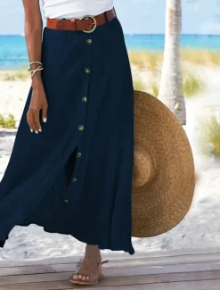 Outlet Women's Skirt Long Skirt Linen Skirts Straight Fashion coastal grandma style Summer Maxi Skirts Solid Colored Split Vacation Office / Career Black White Navy Blue Orange Autumn / Fall Polyester Women Skirts