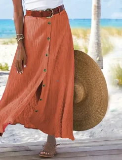 Outlet Women's Skirt Long Skirt Linen Skirts Straight Fashion coastal grandma style Summer Maxi Skirts Solid Colored Split Vacation Office / Career Black White Navy Blue Orange Autumn / Fall Polyester Women Skirts