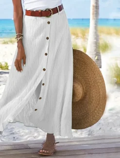 Outlet Women's Skirt Long Skirt Linen Skirts Straight Fashion coastal grandma style Summer Maxi Skirts Solid Colored Split Vacation Office / Career Black White Navy Blue Orange Autumn / Fall Polyester Women Skirts