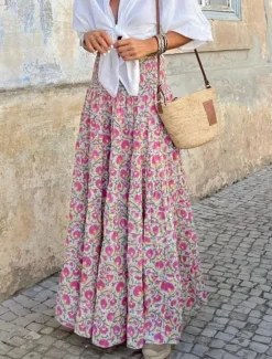 Discount Women's Skirt Maxi Skirt A Line Swing Bohemia Casual Maxi High Waist Skirts Floral Pocket Print Micro-elastic Street Daily Pink Fuchsia Summer Polyester Cotton Blend Women Skirts