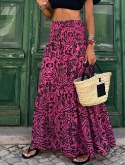 Discount Women's Skirt Maxi Skirt A Line Swing Bohemia Casual Maxi High Waist Skirts Floral Pocket Print Micro-elastic Street Daily Pink Fuchsia Summer Polyester Cotton Blend Women Skirts