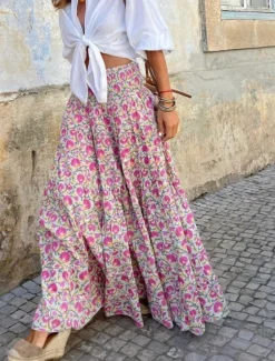 Discount Women's Skirt Maxi Skirt A Line Swing Bohemia Casual Maxi High Waist Skirts Floral Pocket Print Micro-elastic Street Daily Pink Fuchsia Summer Polyester Cotton Blend Women Skirts